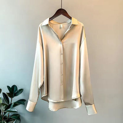 Elegant Champagne Satin Going Out Top for Women with Collar Long Sleeve Button Front Relaxed Silky Style