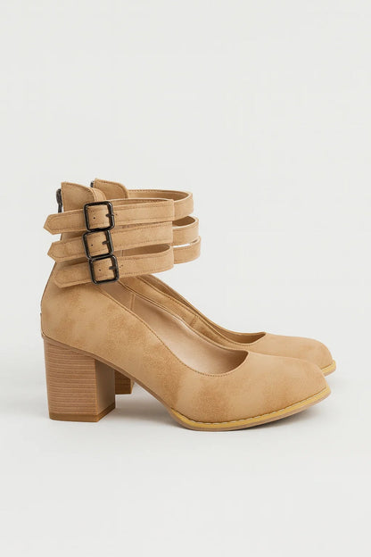 Elegant Mary Jane Shoes for Women with Round Toe Triple Buckle Strap Block Heel Pump Style