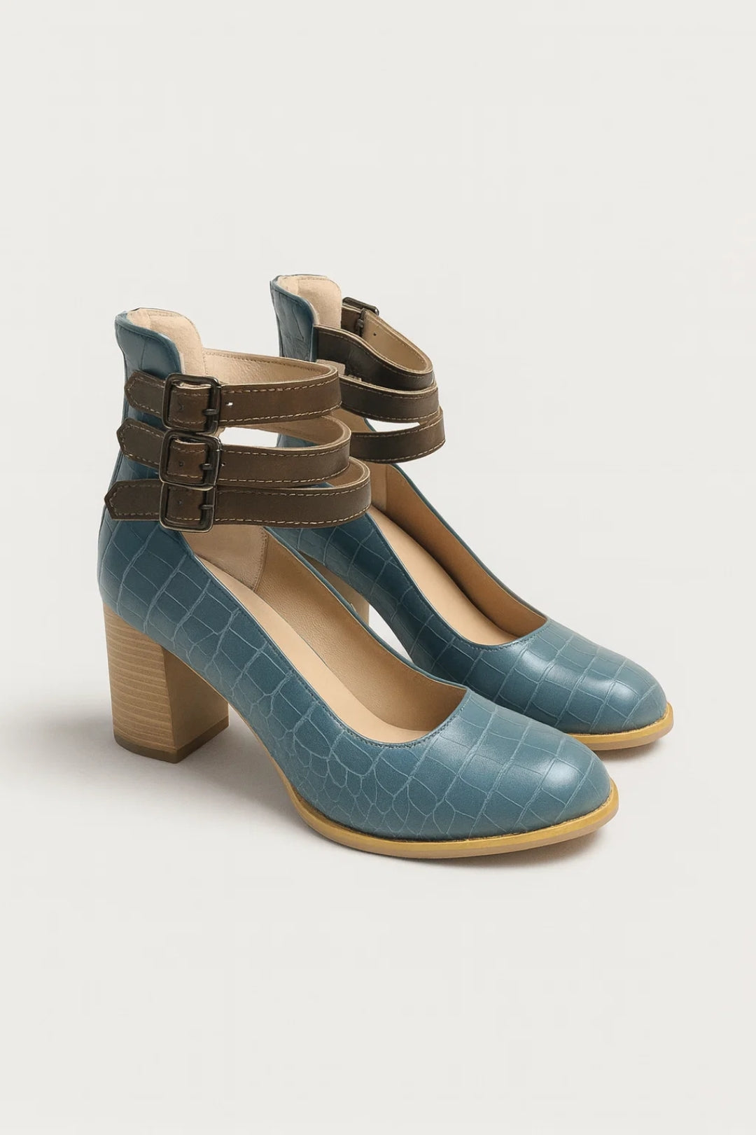 Elegant Mary Jane Shoes for Women with Round Toe Triple Buckle Strap Block Heel Pump Style
