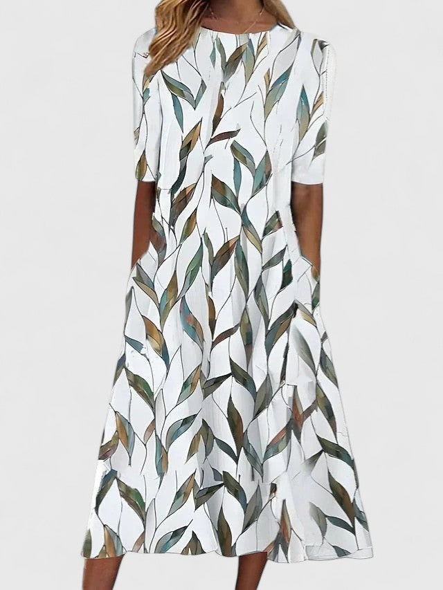Comfortable Floral Midi Dress for Women with Round Neck Short Sleeve A Line Swing Pocket Style