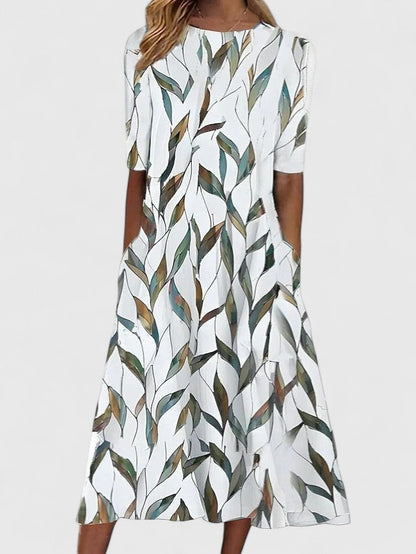 Comfortable Floral Midi Dress for Women with Round Neck Short Sleeve A Line Swing Pocket Style