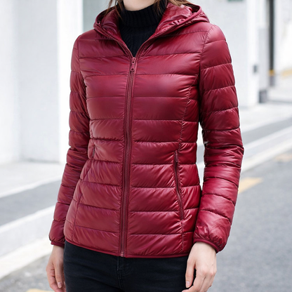 Sleek Hooded Puffer Jacket for Women with Zip Front Lightweight Quilted Insulated Packable Winter Style