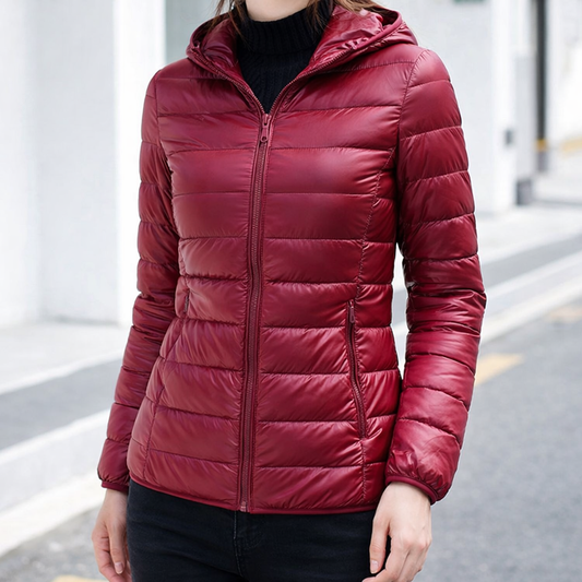 Sleek Hooded Puffer Jacket for Women with Zip Front Lightweight Quilted Insulated Packable Winter Style