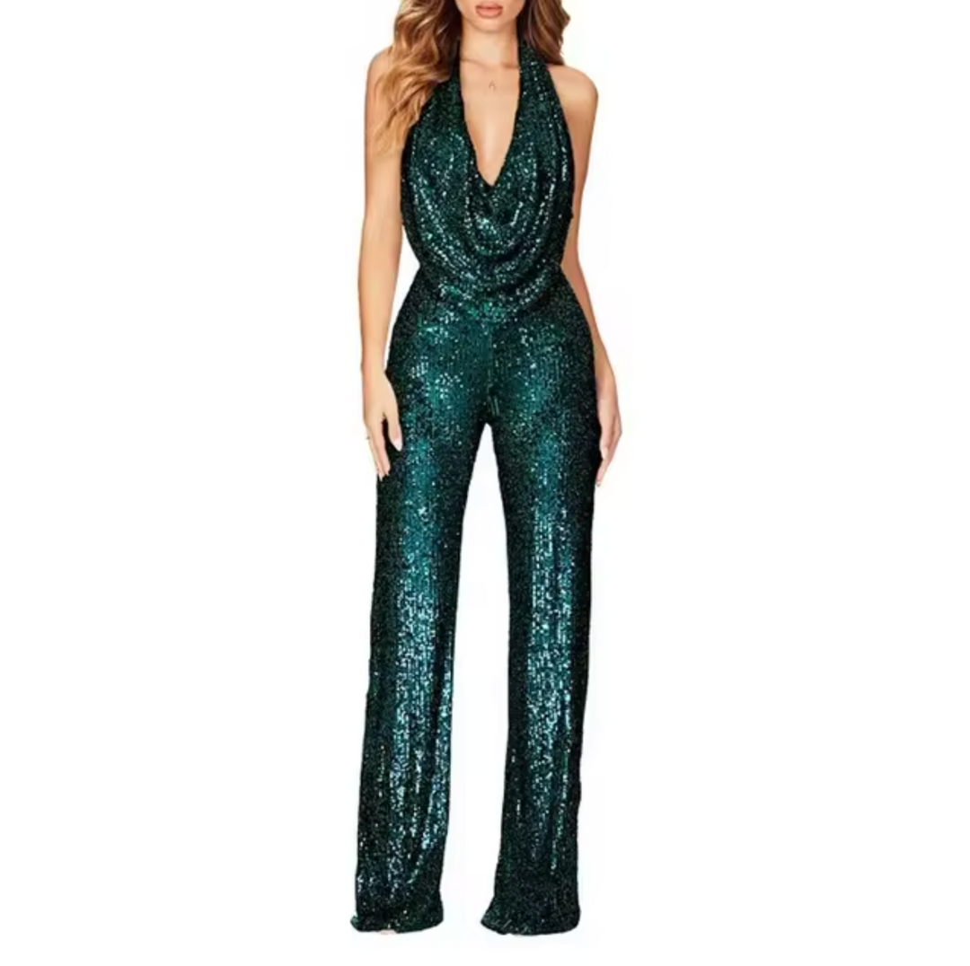 Elegant Sequin Jumpsuit for Women with Halter Cowl Neck Sleeveless Wide Leg Sparkle Formal Party Style