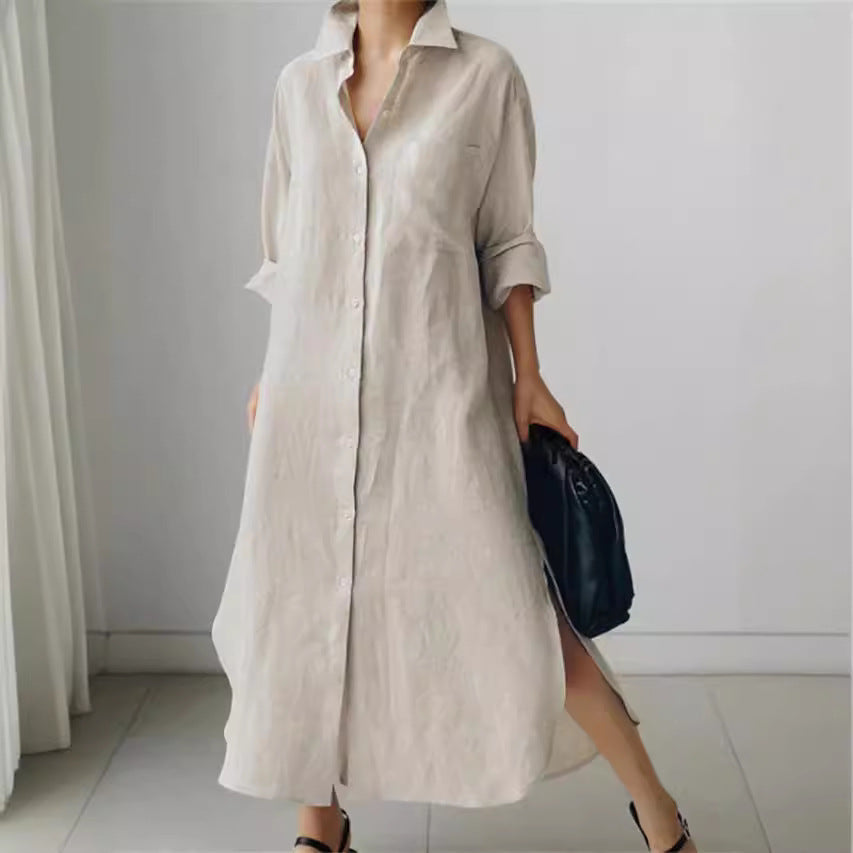 Effortless Linen Shirt Dress for Women with Collar Button Down Rolled Sleeve Loose Fit Casual Midi Style