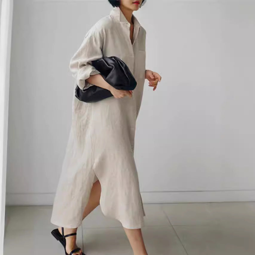 Effortless Linen Shirt Dress for Women with Collar Button Down Rolled Sleeve Loose Fit Casual Midi Style