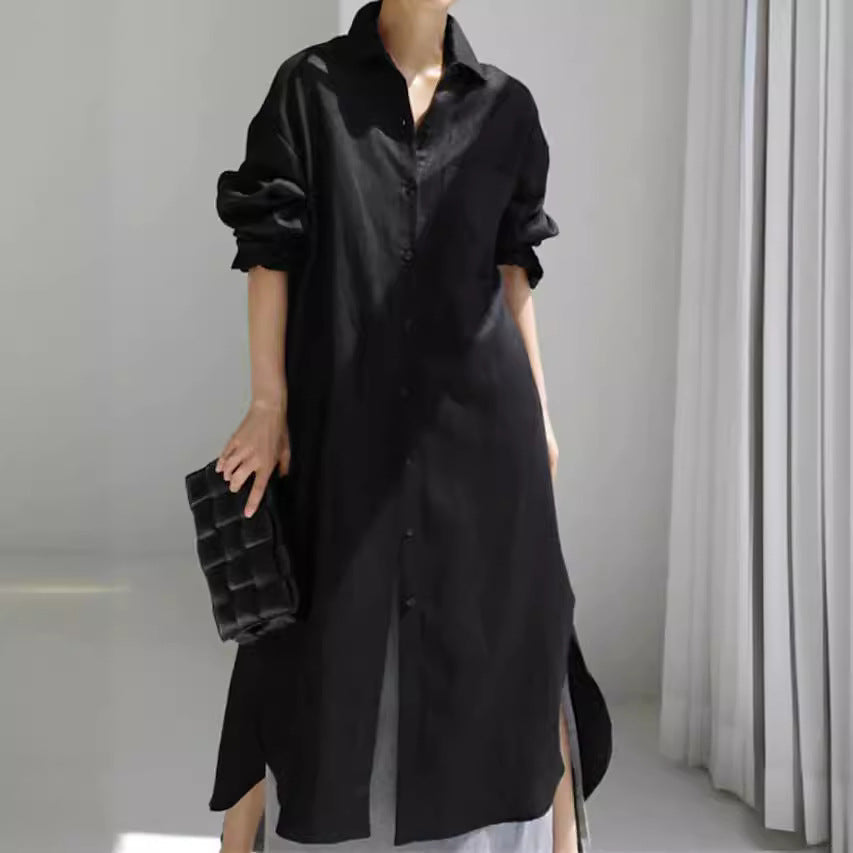 Effortless Linen Shirt Dress for Women with Collar Button Down Rolled Sleeve Loose Fit Casual Midi Style