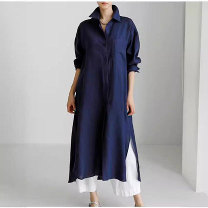 Effortless Linen Shirt Dress for Women with Collar Button Down Rolled Sleeve Loose Fit Casual Midi Style