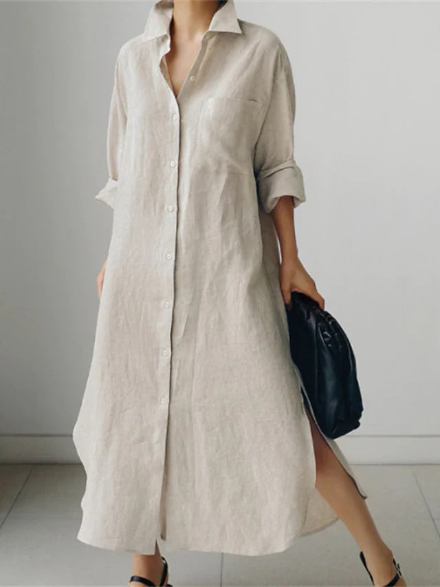 Effortless Linen Shirt Dress for Women with Collar Button Down Rolled Sleeve Loose Fit Casual Midi Style