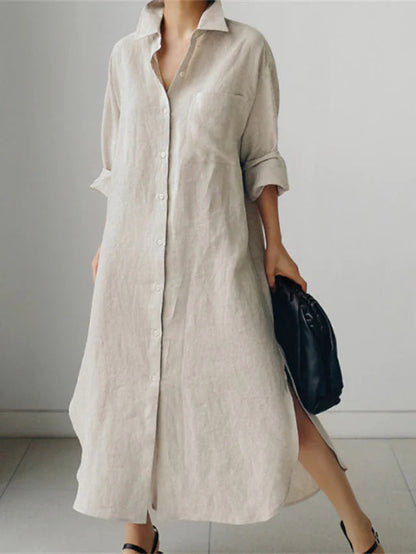 Effortless Linen Shirt Dress for Women with Collar Button Down Rolled Sleeve Loose Fit Casual Midi Style