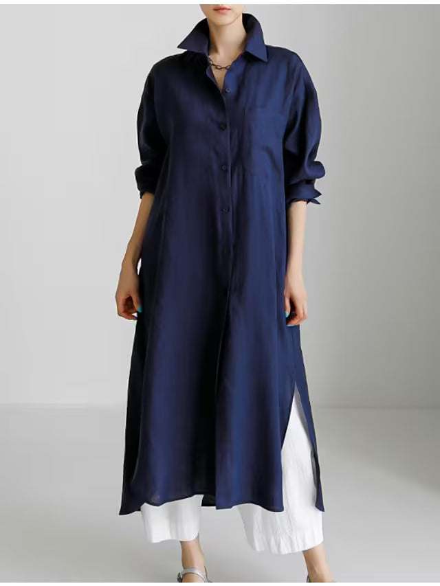 Effortless Linen Shirt Dress for Women with Collar Button Down Rolled Sleeve Loose Fit Casual Midi Style