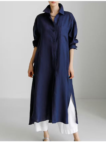 Effortless Linen Shirt Dress for Women with Collar Button Down Rolled Sleeve Loose Fit Casual Midi Style