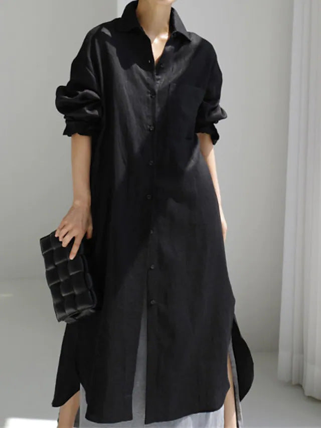 Effortless Linen Shirt Dress for Women with Collar Button Down Rolled Sleeve Loose Fit Casual Midi Style