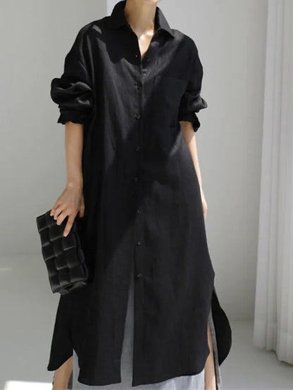 Effortless Linen Shirt Dress for Women with Collar Button Down Rolled Sleeve Loose Fit Casual Midi Style