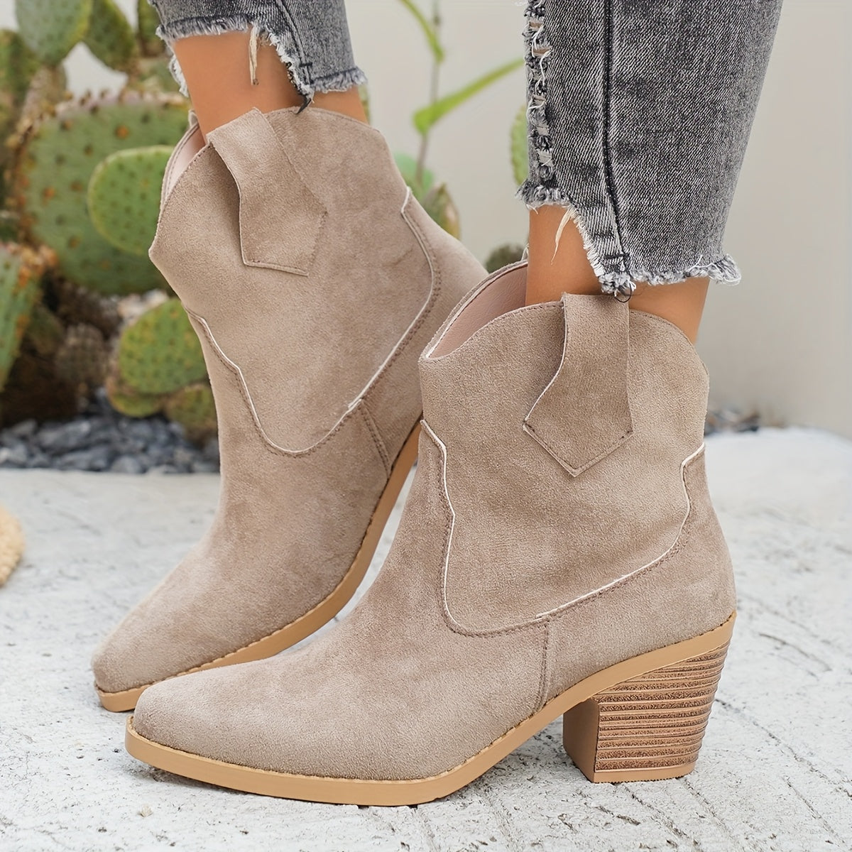 Stylish Suede Chelsea Boots for Women with Western Stitch Pointed Toe Chunky Heel Style