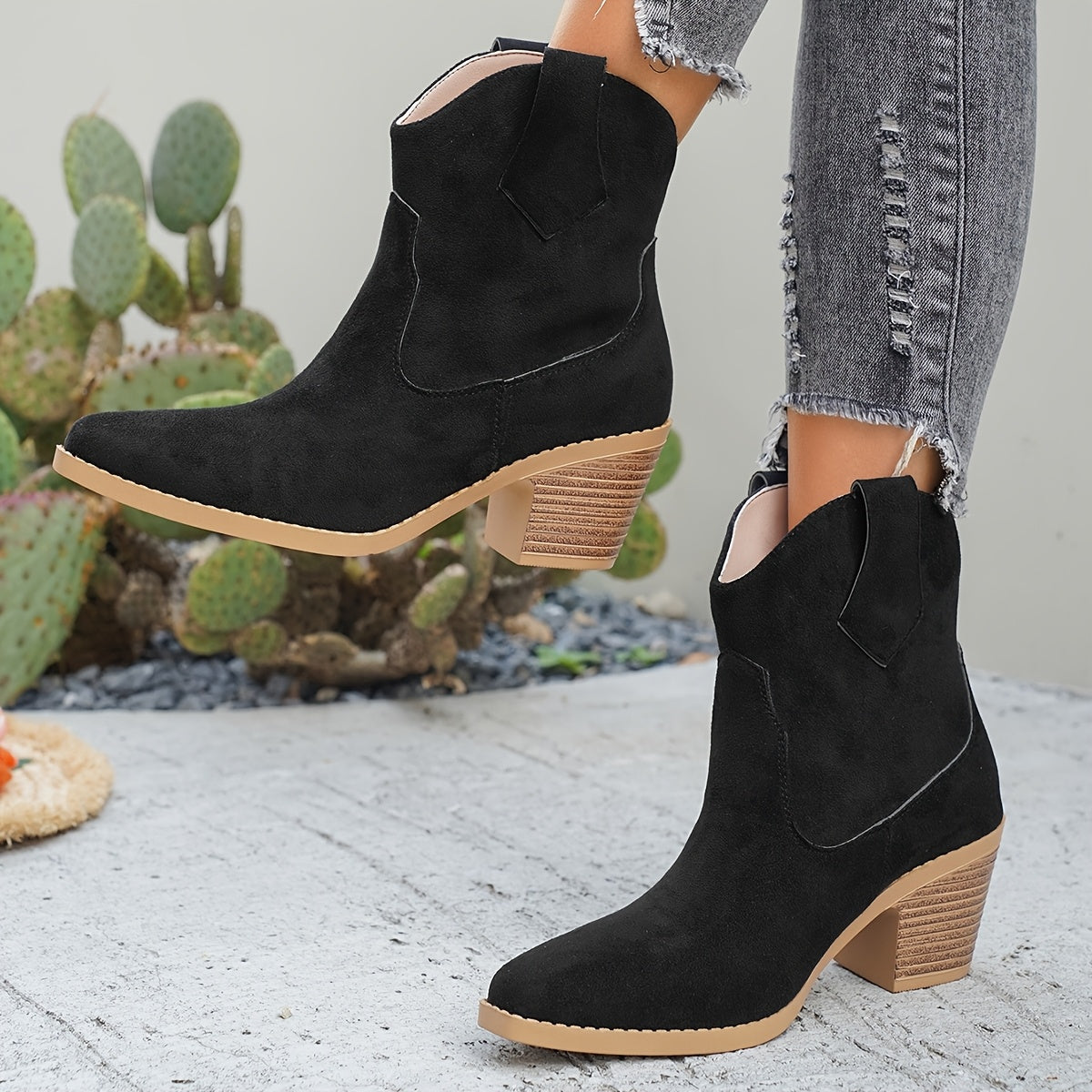 Stylish Suede Chelsea Boots for Women with Western Stitch Pointed Toe Chunky Heel Style