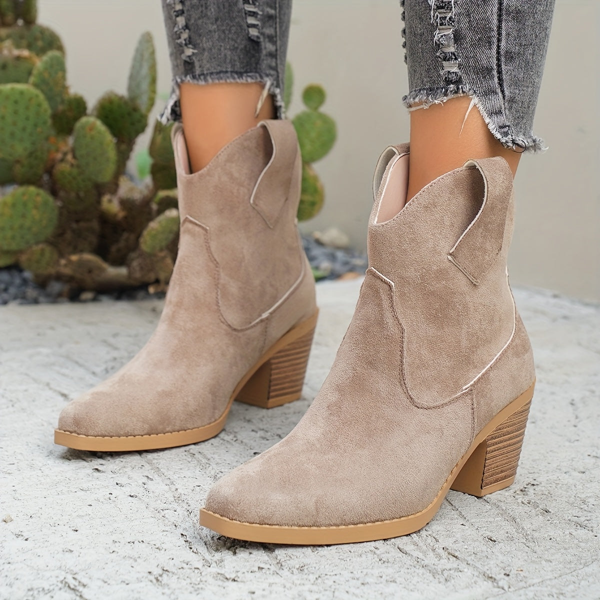 Stylish Suede Chelsea Boots for Women with Western Stitch Pointed Toe Chunky Heel Style