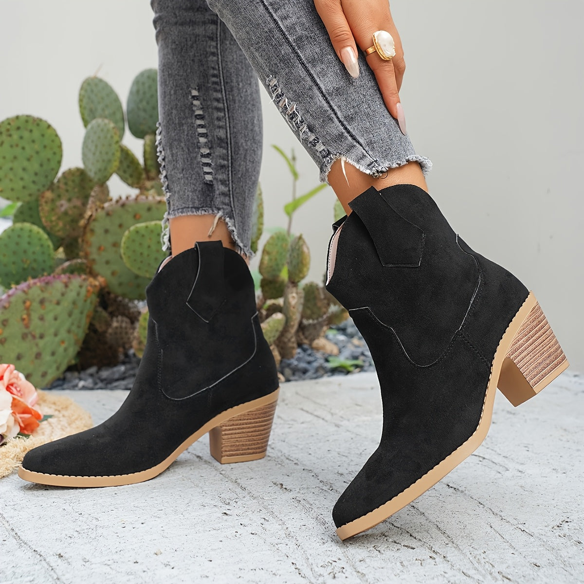 Stylish Suede Chelsea Boots for Women with Western Stitch Pointed Toe Chunky Heel Style
