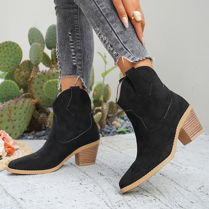 Stylish Suede Chelsea Boots for Women with Western Stitch Pointed Toe Chunky Heel Style