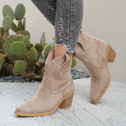Stylish Suede Chelsea Boots for Women with Western Stitch Pointed Toe Chunky Heel Style