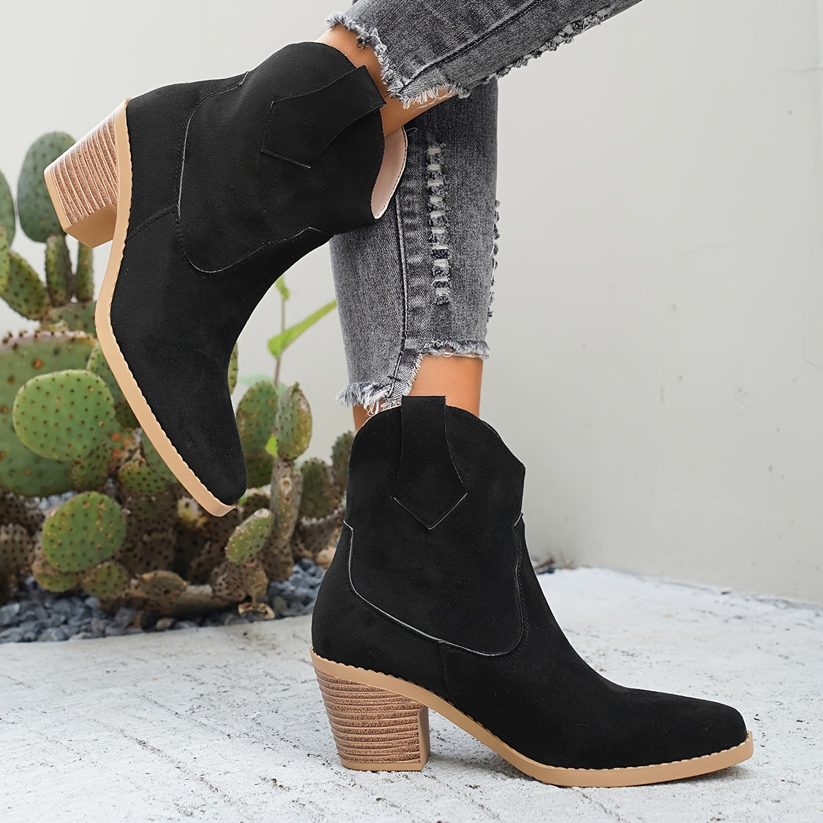 Stylish Suede Chelsea Boots for Women with Western Stitch Pointed Toe Chunky Heel Style