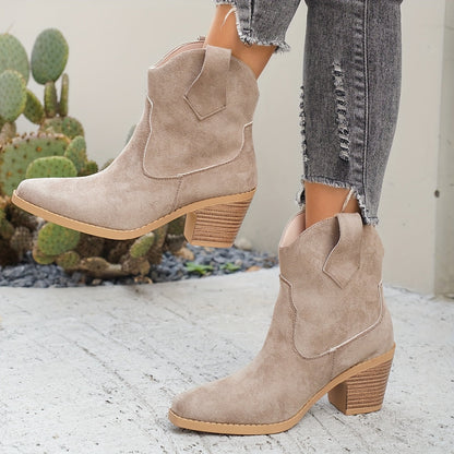 Stylish Suede Chelsea Boots for Women with Western Stitch Pointed Toe Chunky Heel Style