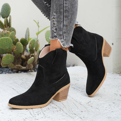 Stylish Suede Chelsea Boots for Women with Western Stitch Pointed Toe Chunky Heel Style