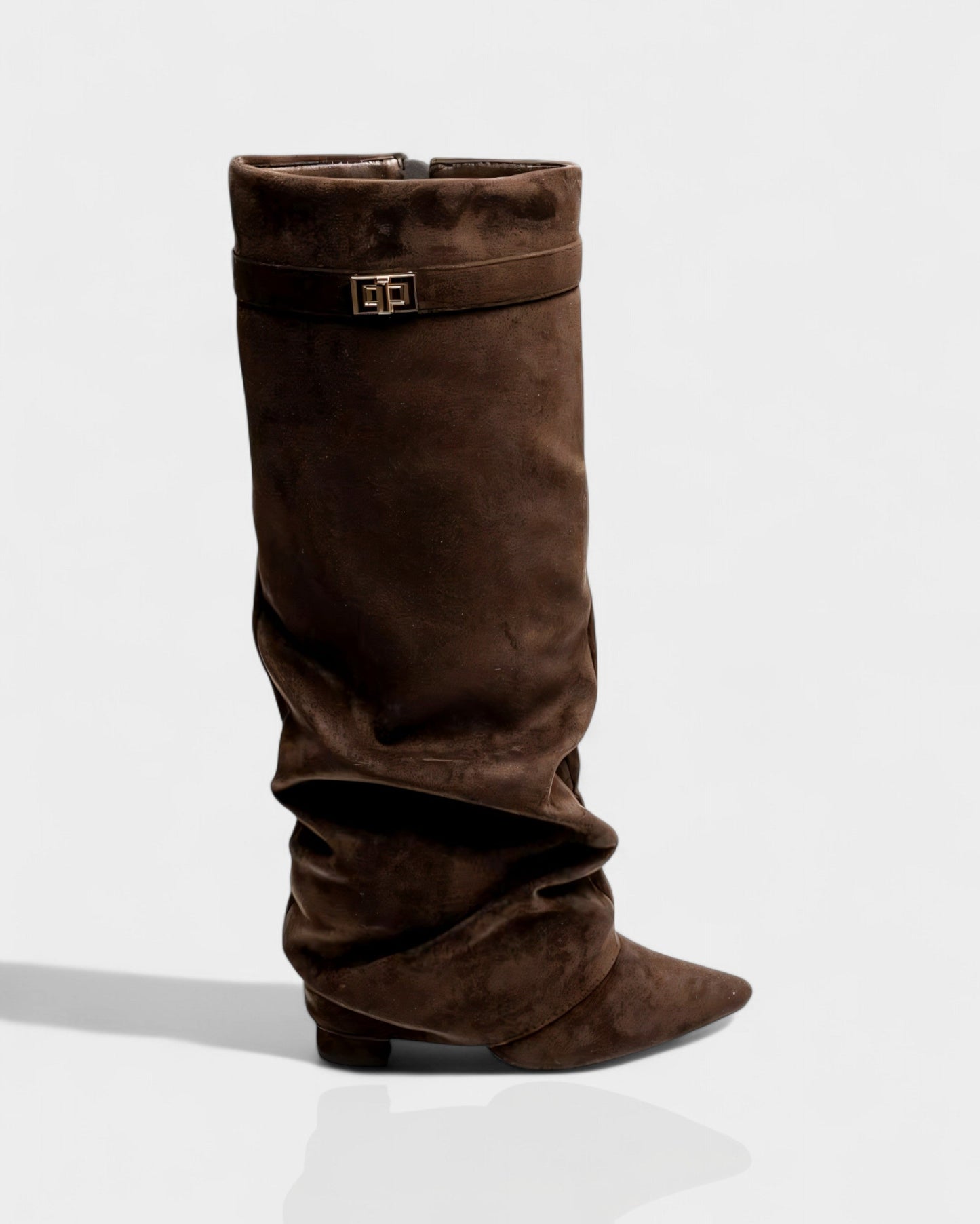 Sleek Suede Knee High Boots for Women with Pointed Toe Slouchy Shaft Side Zip Block Heel Style