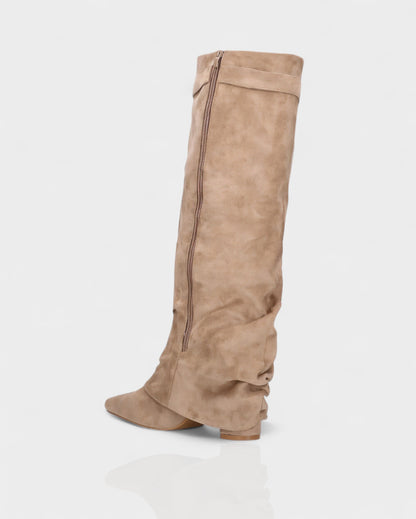 Sleek Suede Knee High Boots for Women with Pointed Toe Slouchy Shaft Side Zip Block Heel Style