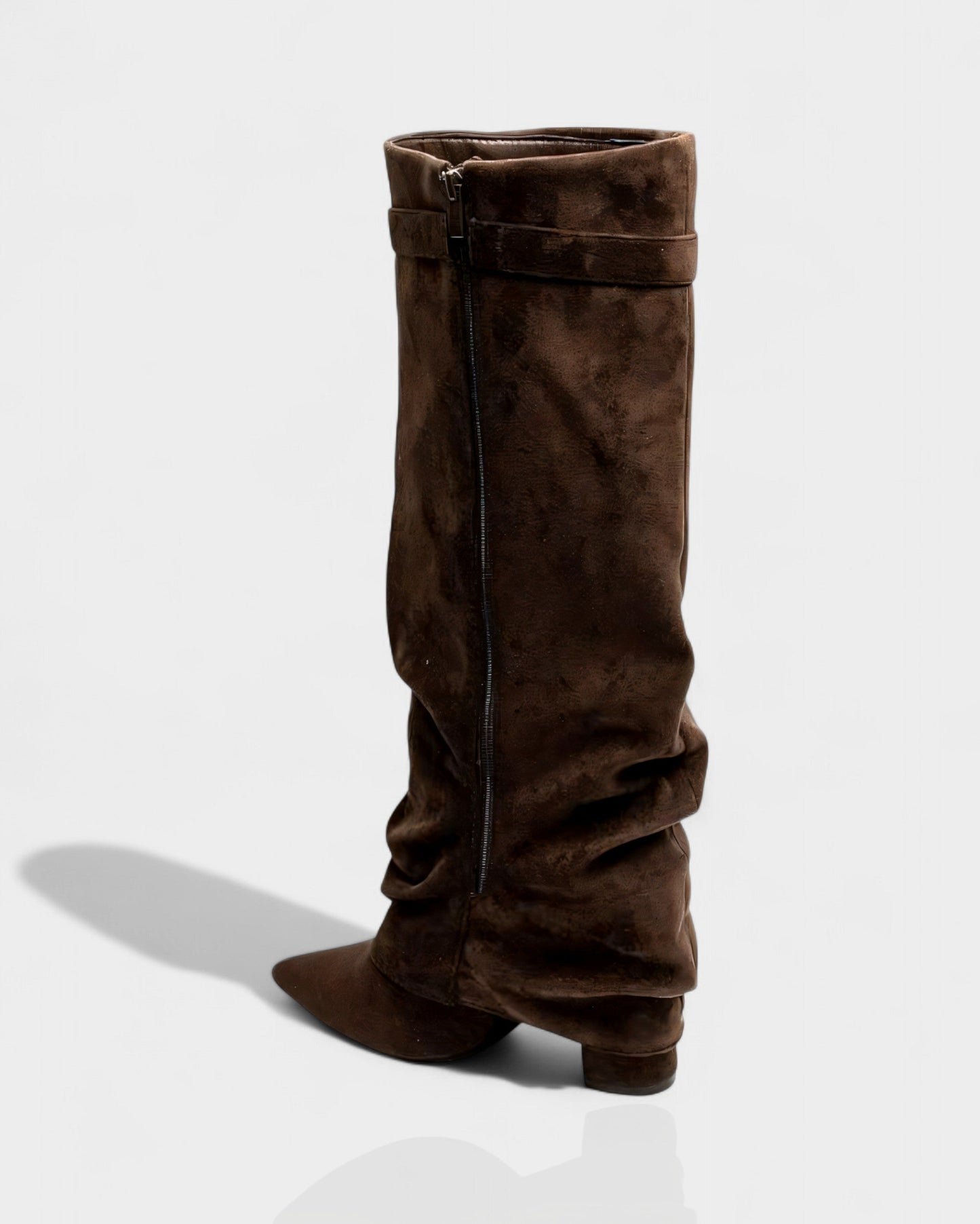 Sleek Suede Knee High Boots for Women with Pointed Toe Slouchy Shaft Side Zip Block Heel Style