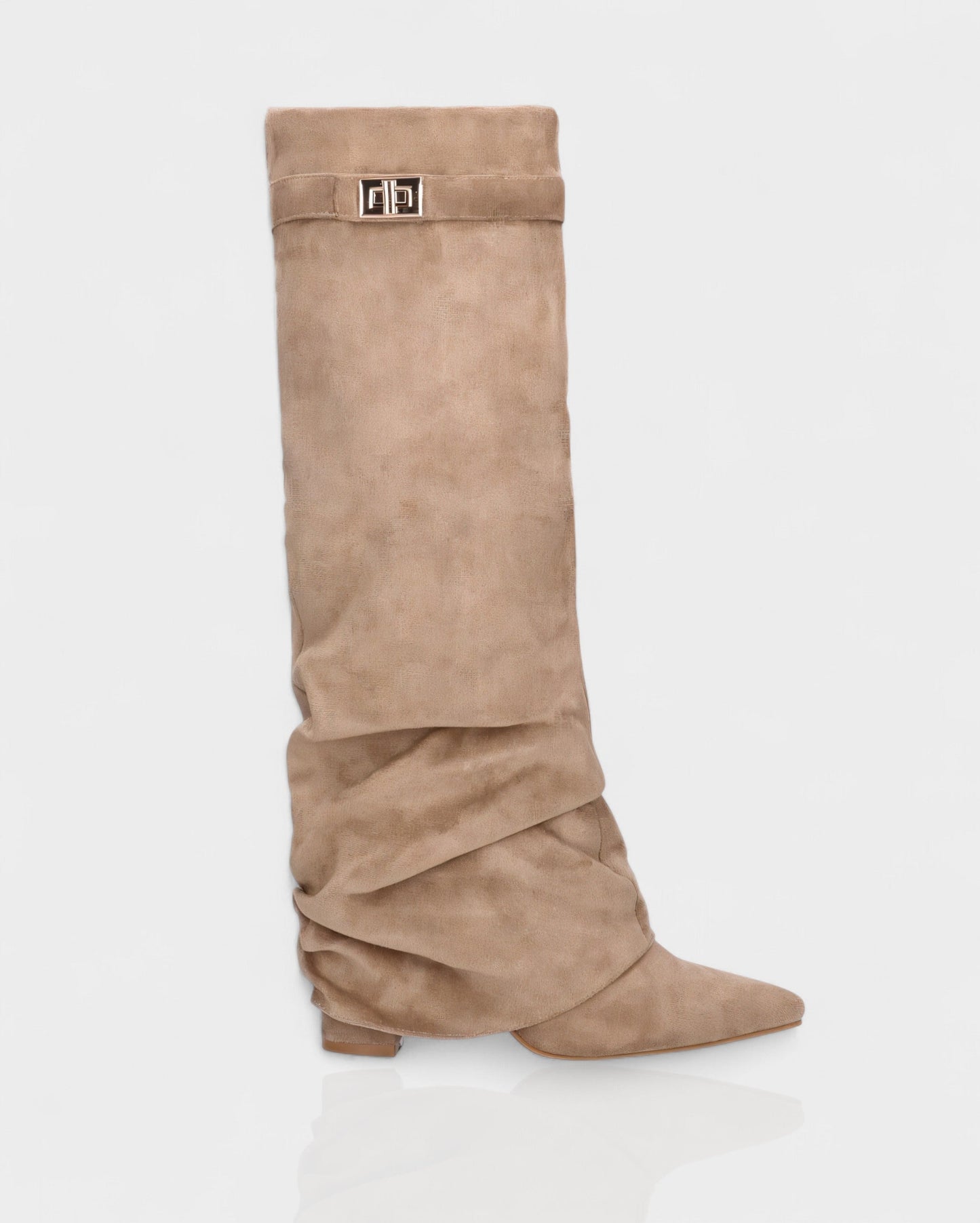Sleek Suede Knee High Boots for Women with Pointed Toe Slouchy Shaft Side Zip Block Heel Style