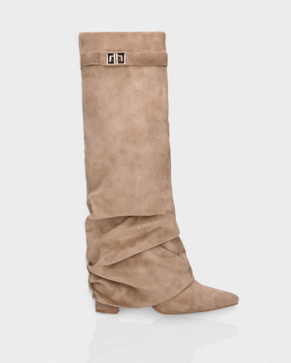 Sleek Suede Knee High Boots for Women with Pointed Toe Slouchy Shaft Side Zip Block Heel Style