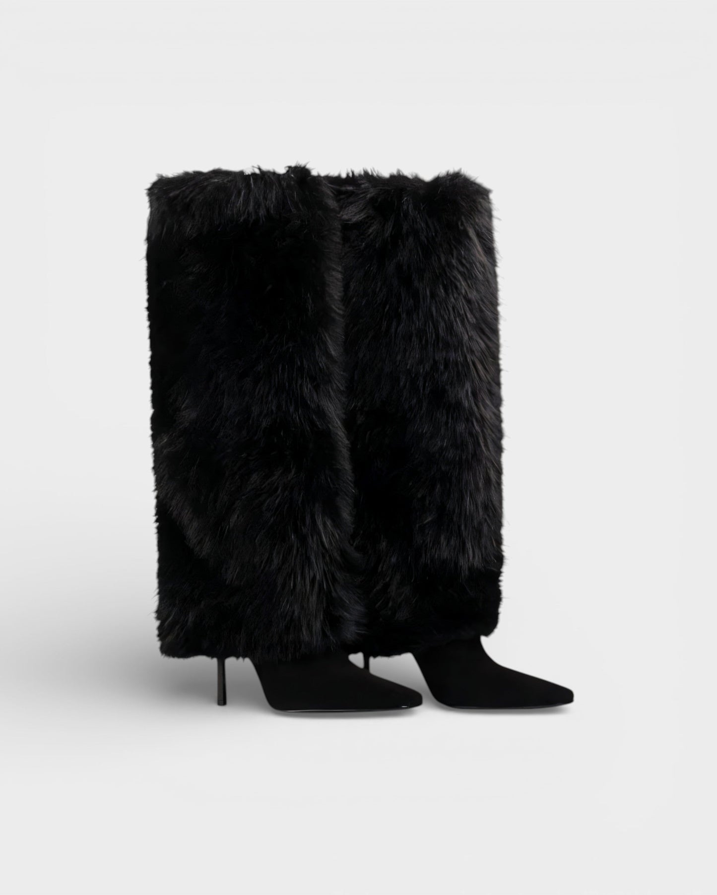 Elegant Faux Fur Knee High Boots for Women with Pointed Toe Stiletto Heel Shaggy Statement Style