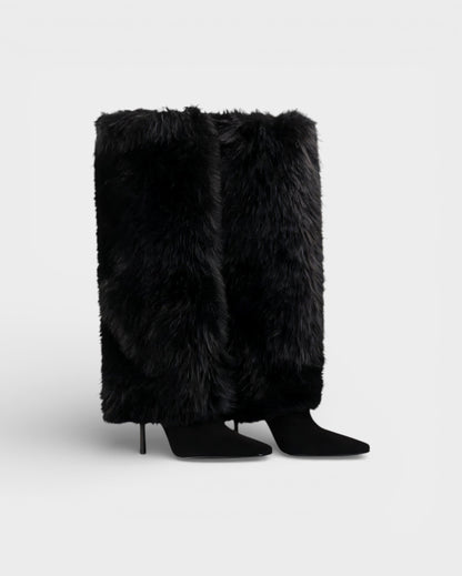 Elegant Faux Fur Knee High Boots for Women with Pointed Toe Stiletto Heel Shaggy Statement Style