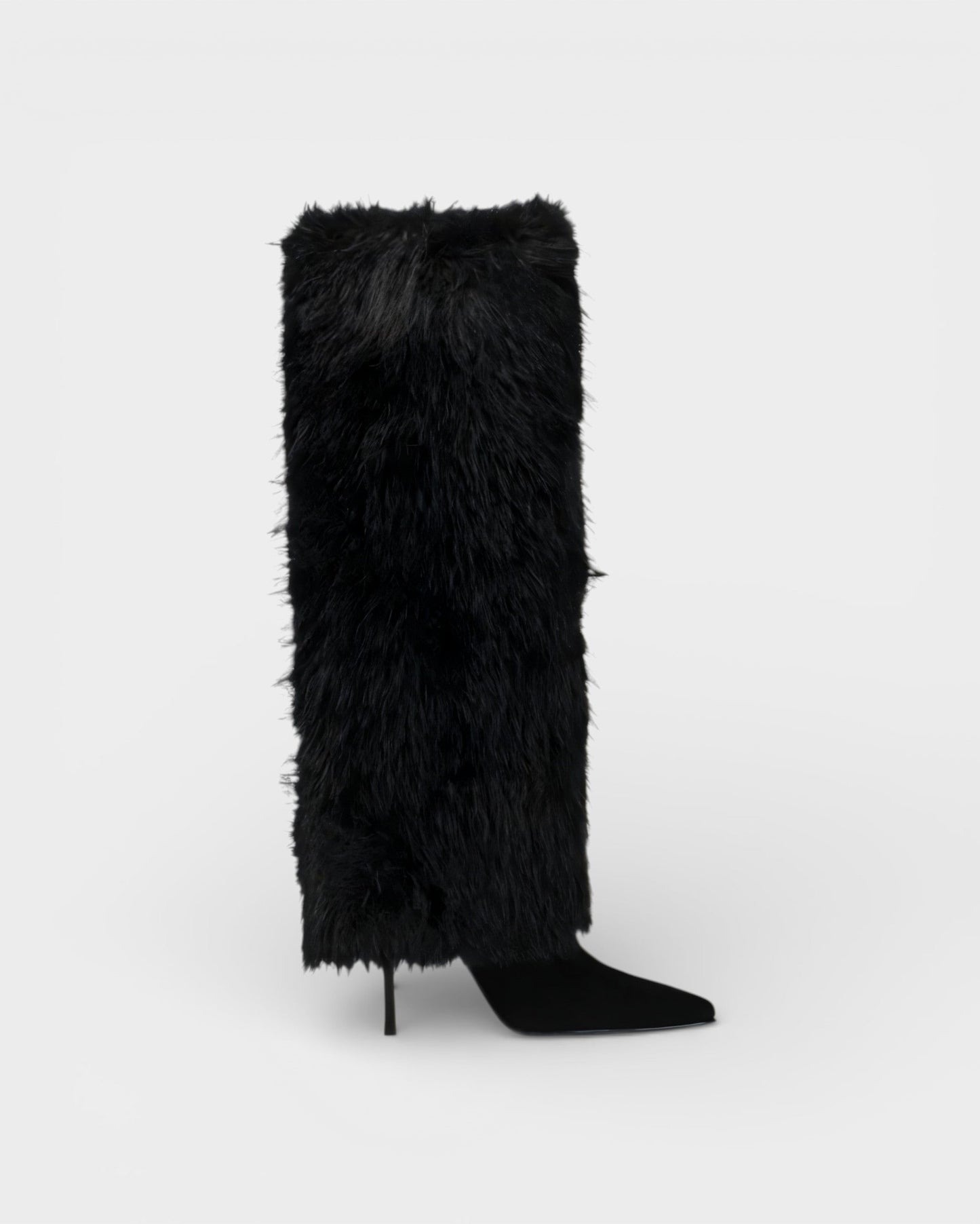 Elegant Faux Fur Knee High Boots for Women with Pointed Toe Stiletto Heel Shaggy Statement Style