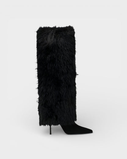 Elegant Faux Fur Knee High Boots for Women with Pointed Toe Stiletto Heel Shaggy Statement Style
