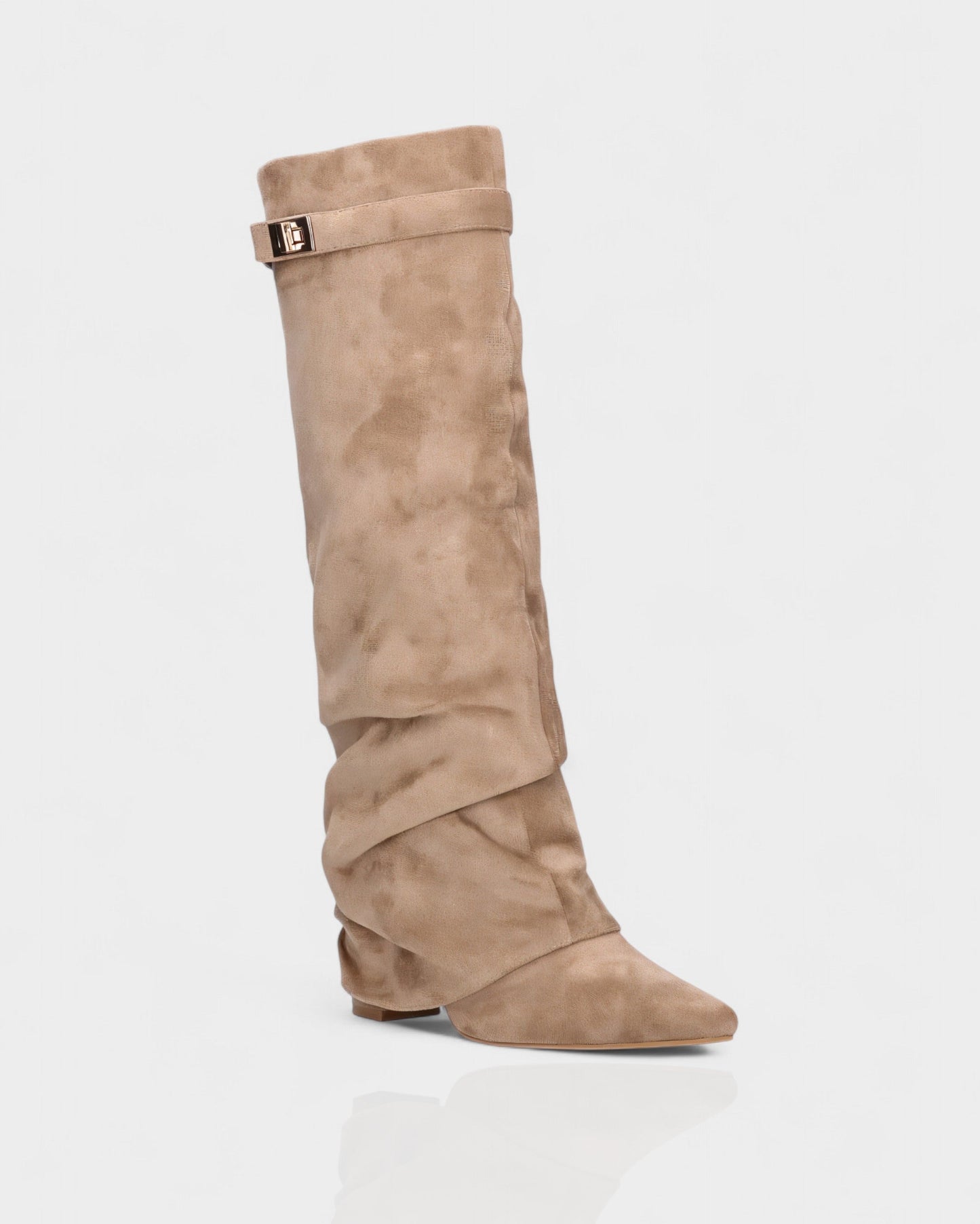 Sleek Suede Knee High Boots for Women with Pointed Toe Slouchy Shaft Side Zip Block Heel Style