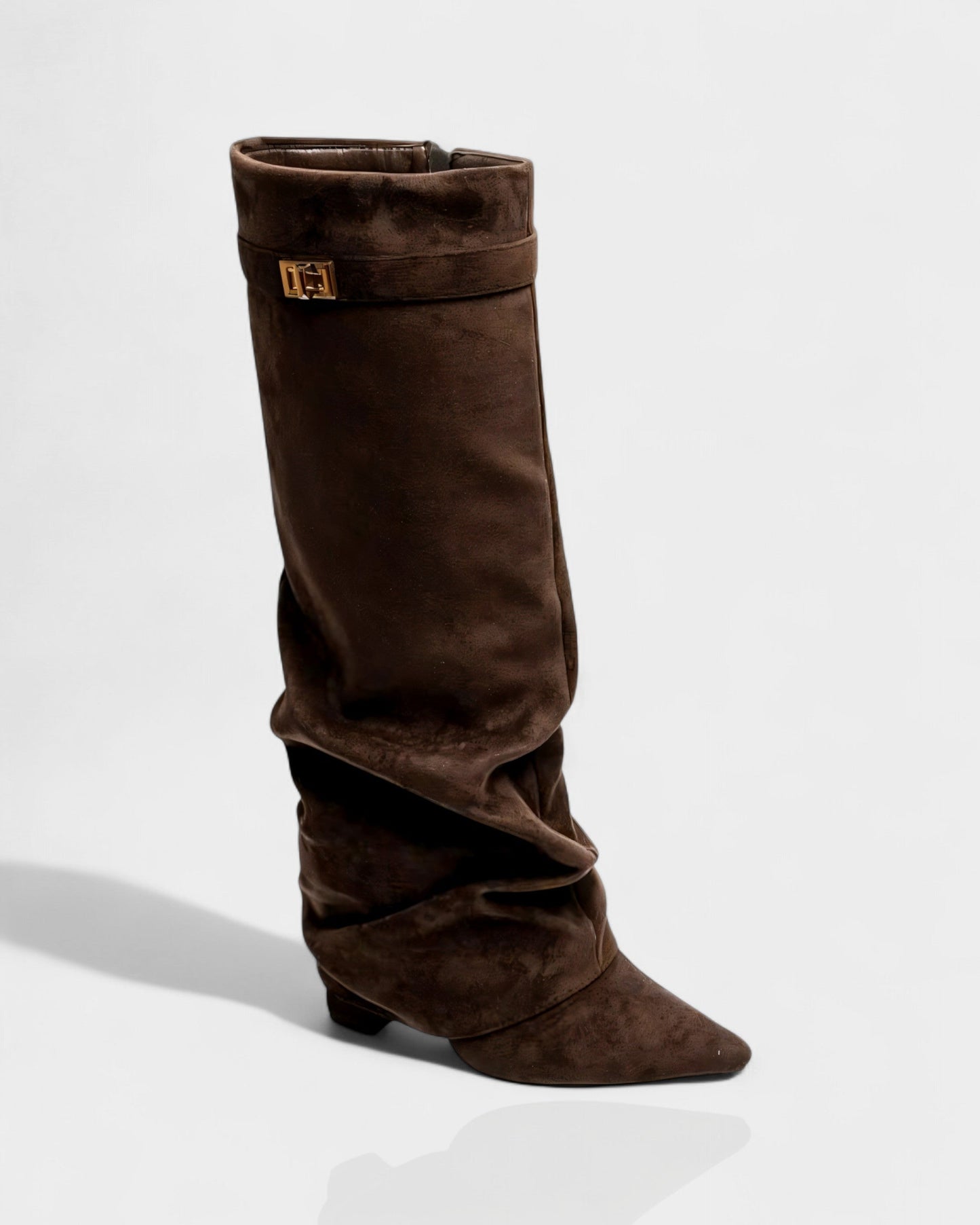 Sleek Suede Knee High Boots for Women with Pointed Toe Slouchy Shaft Side Zip Block Heel Style