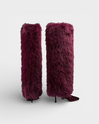 Elegant Faux Fur Knee High Boots for Women with Pointed Toe Stiletto Heel Shaggy Statement Style