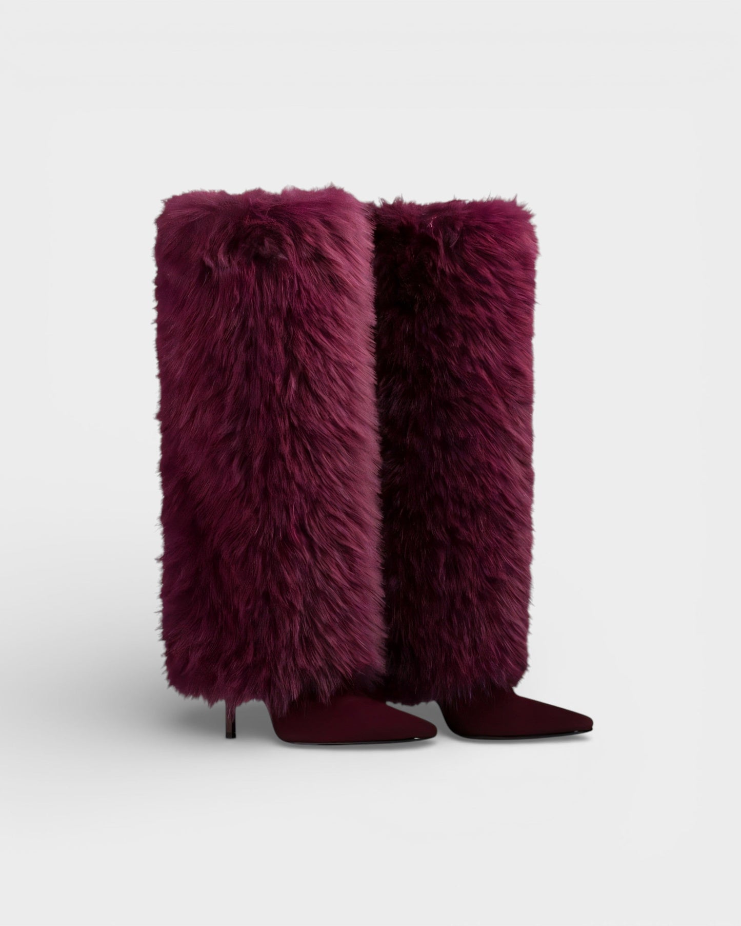 Elegant Faux Fur Knee High Boots for Women with Pointed Toe Stiletto Heel Shaggy Statement Style