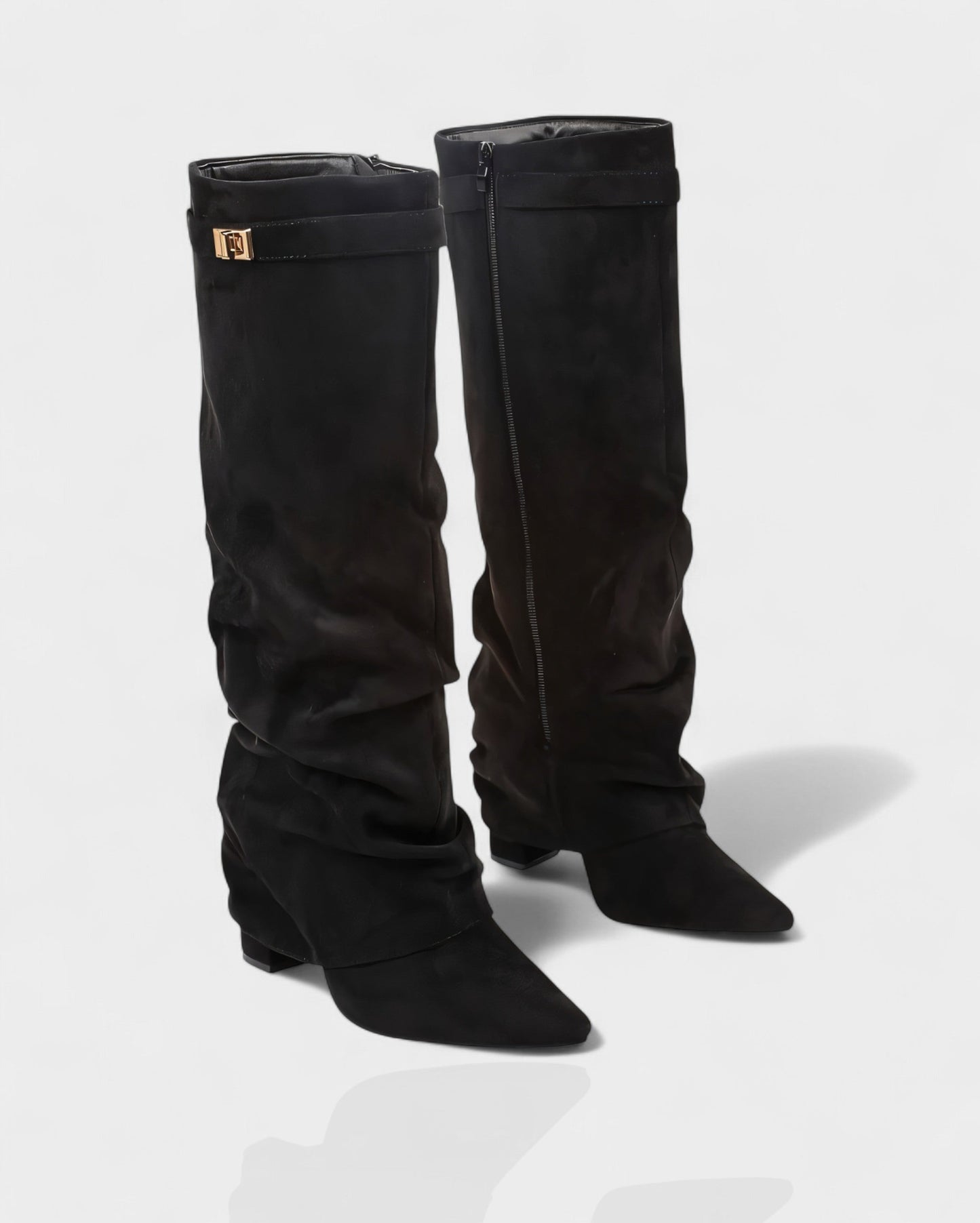 Sleek Suede Knee High Boots for Women with Pointed Toe Slouchy Shaft Side Zip Block Heel Style