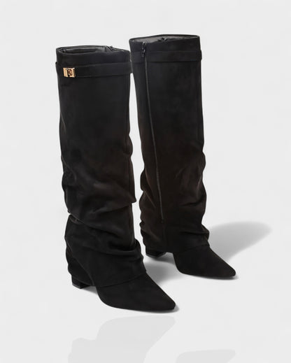 Sleek Suede Knee High Boots for Women with Pointed Toe Slouchy Shaft Side Zip Block Heel Style
