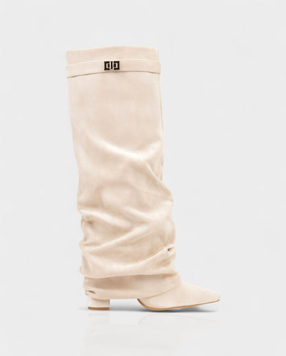 Sleek Suede Knee High Boots for Women with Pointed Toe Slouchy Shaft Side Zip Block Heel Style