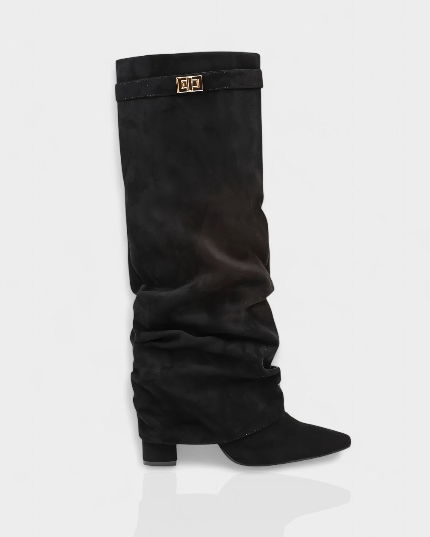 Sleek Suede Knee High Boots for Women with Pointed Toe Slouchy Shaft Side Zip Block Heel Style