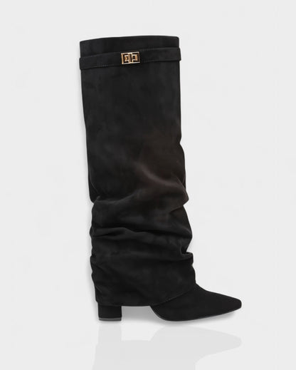 Sleek Suede Knee High Boots for Women with Pointed Toe Slouchy Shaft Side Zip Block Heel Style