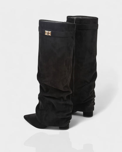 Sleek Suede Knee High Boots for Women with Pointed Toe Slouchy Shaft Side Zip Block Heel Style