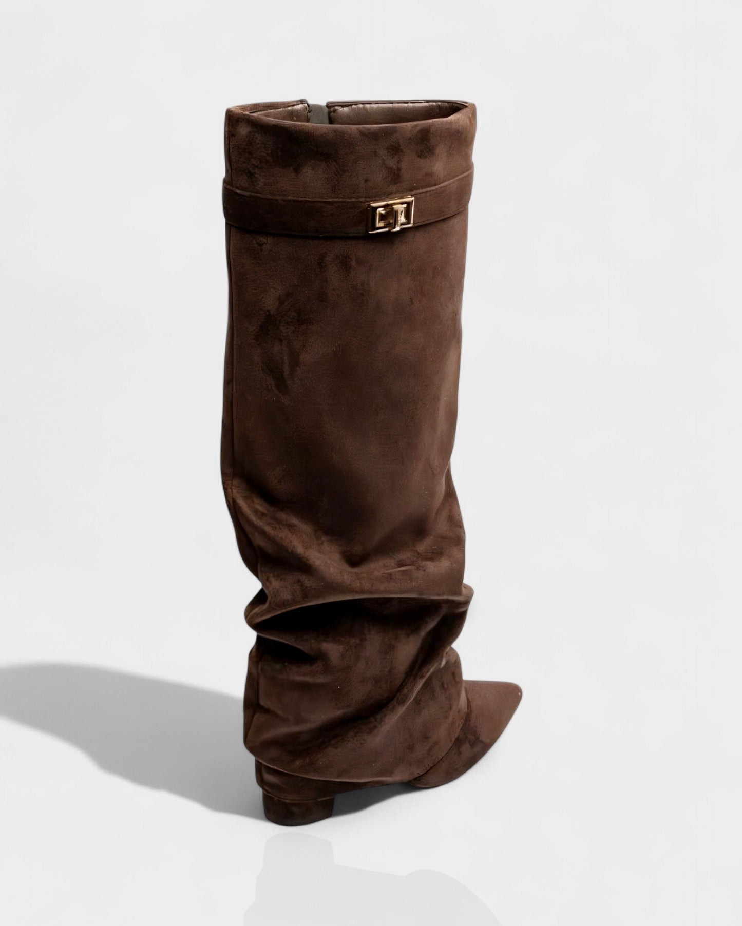 Sleek Suede Knee High Boots for Women with Pointed Toe Slouchy Shaft Side Zip Block Heel Style