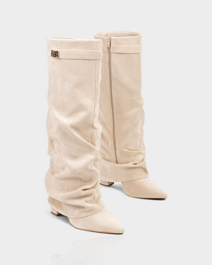 Sleek Suede Knee High Boots for Women with Pointed Toe Slouchy Shaft Side Zip Block Heel Style