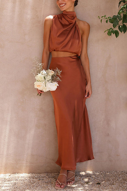 Elegant Satin Two Piece Set for Women with Halter Crop Top Maxi Skirt Wedding Guest Style
