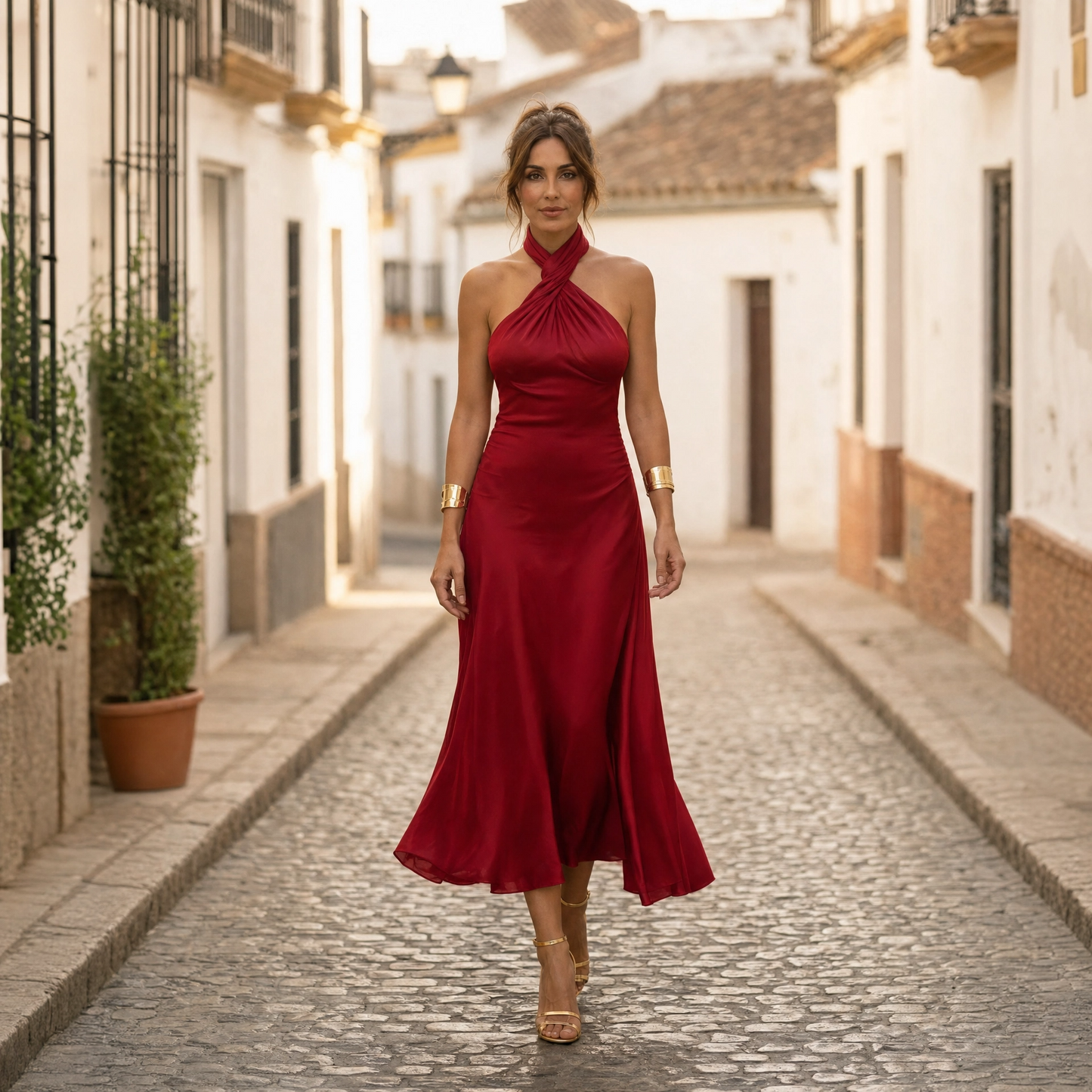 Elegant Satin Midi Dress for Women with Halter Twist Neck Sleeveless Flowing Style